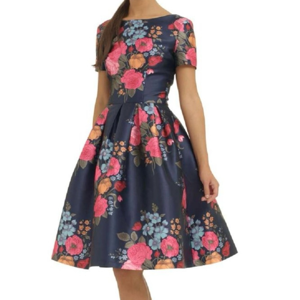 Chi Chi London Navy Floral Fit-and-Flare Dress with Pink & Orange Blooms